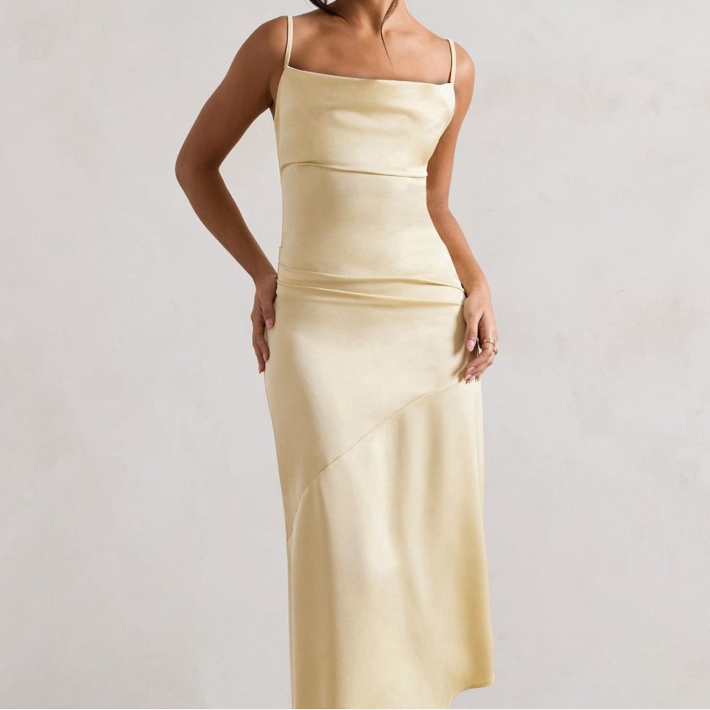 NWT Club L Lemon Satin Cowl-Neck Asymmetric
Maxi Dress